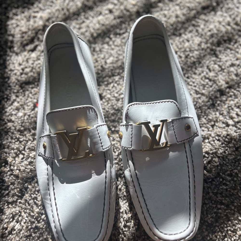 Louis Vuitton White Loafers with Gold Accents